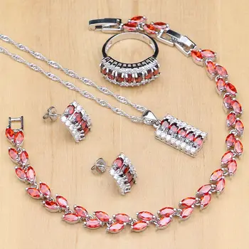 

luxury Silver 925 Jewelry Sets Red Cubic Zirconia White Crystal Bijoux Kits For Women Earrings/Pendant/Necklace/Rings/Bracelet
