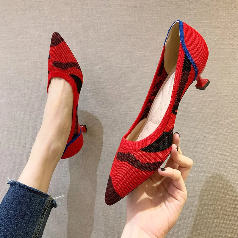 Ballet High Heels Women's 2021 New Spring Knitted Thin Heel Pointed Shallow Mouth Cat Heel Woven Shoes Flying Woven High Heels 2