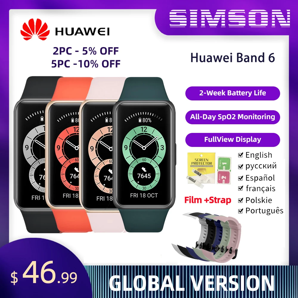 Huawei pulsera inteligente Band 6, reloj inteligente con Pantalla AMOLED de 1,47 pulgadas, control del ritmo cardíaco y del sueño, versión Global