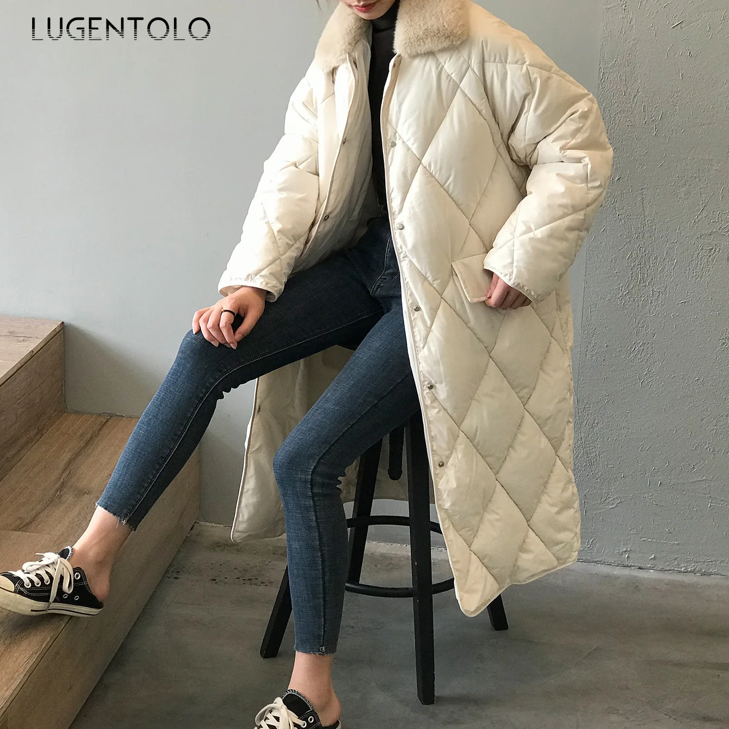 Lugentolo, Женская парка, зимнее пальто, Осеннее, корейское, свободное, средней длины, меховой воротник, Argyle, повседневное, теплое, одноцветное, однобортное, парка