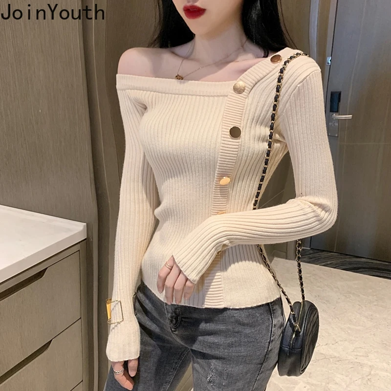 Joinyouth Women Sweaters Solid Korean Irregular Pullovers Button Full Thin 2020 Fashion Spring Clothing Strapless Wild 460 | Женская