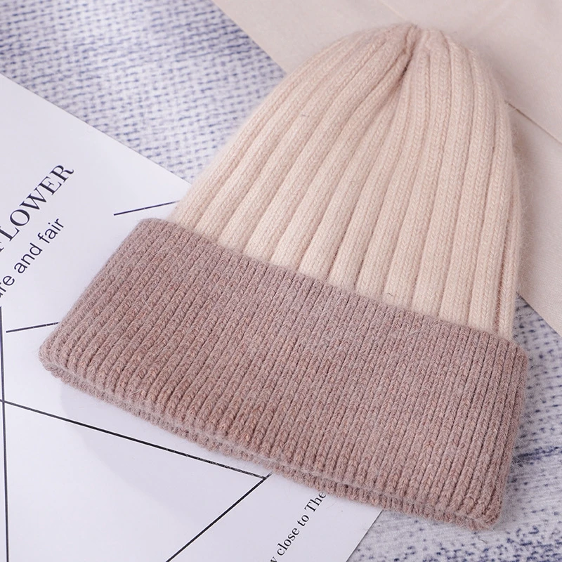 beige khaki Модная Высококачественная мягкая шапка из кроличьего меха, шапка для девочки, вязаная шапка для писсуара, толстая теплая зимняя шапка, Женская Повседневная вязаная шапка - Цвет: beige khaki