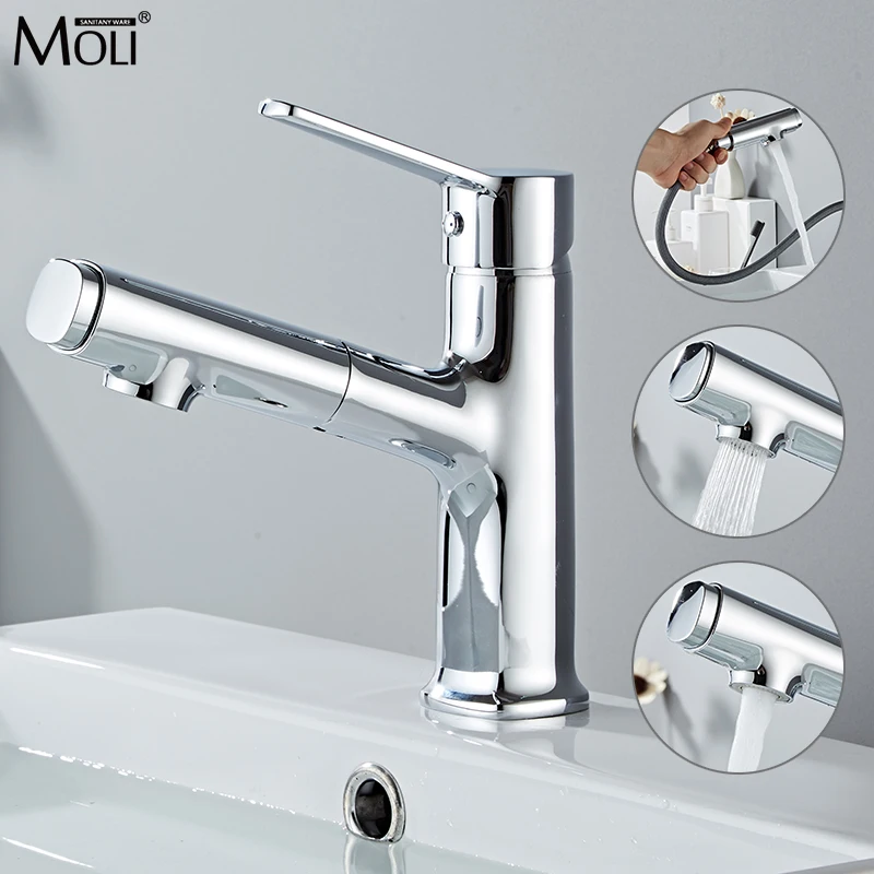 

MOLI Chrome/Black Brass Basin Deck Mount Bathroom Faucets Pull Out With Shower head Single Hole Cold&Hot Water Tap MML1491