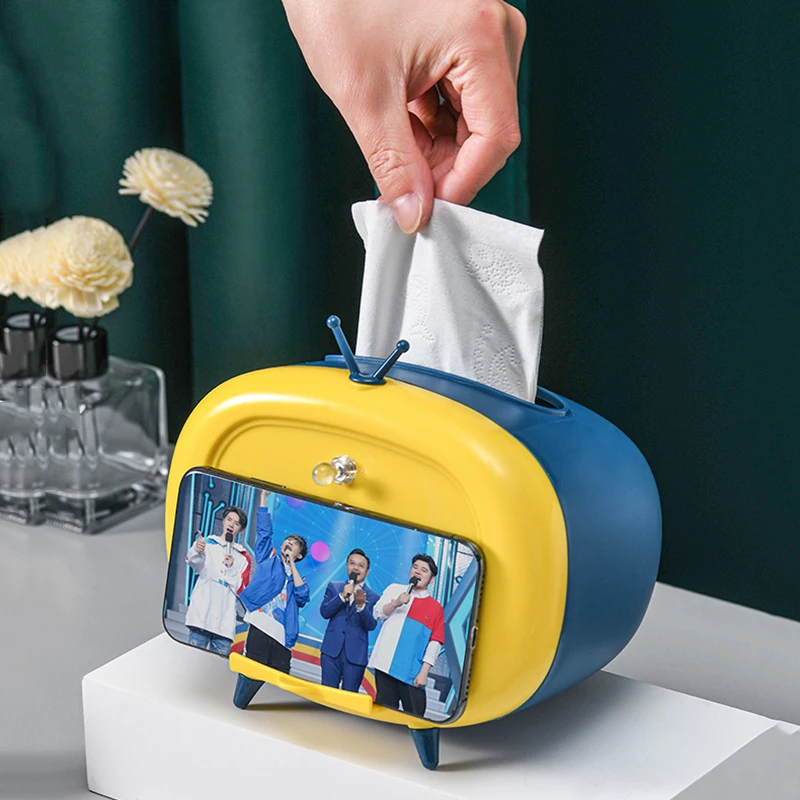 Home Creative 2 In 1 Tv Tissue Box Desktop Paper Holder Dispenser Storage Napkin Case Organizer