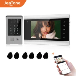 Jeatone interfone com vídeo para portas, 7 polegadas, desbloqueio por aplicativo, teclado, cartão rfid, controle de acesso, multi idiomas