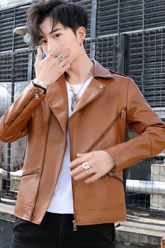

2020 Men Spring Trend Slim Fit Handsome Fold-down Collar PU Leather Jacket Teenager Oblique Zipper Locomotive Leather Coat
