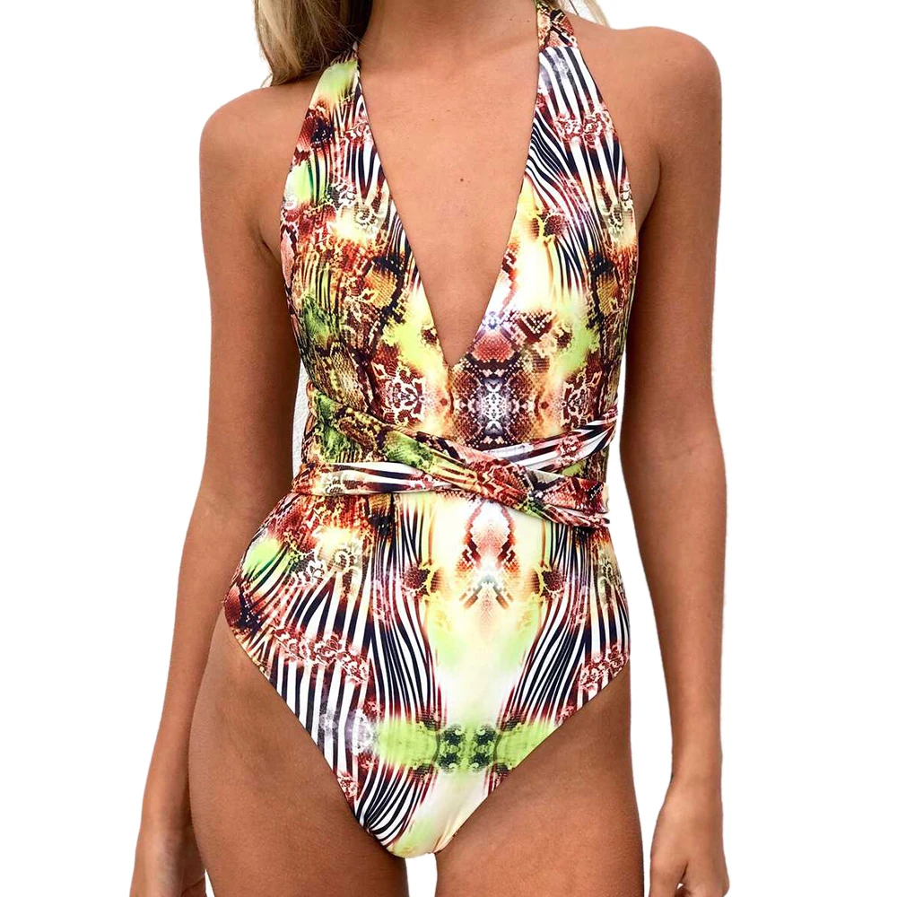 Monokini New Women Sexy Print Brazilian One Piece Swimsuit Floral Retro Thong High Waist Bodysuit Backless High Cut Swimwe