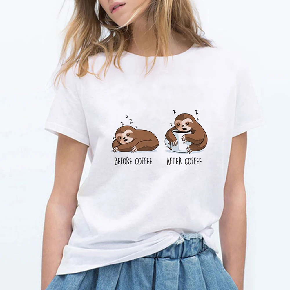 Ленивец &amp Кофе футболка Спортивная повседневная Kawaii для девочек топ рубашка