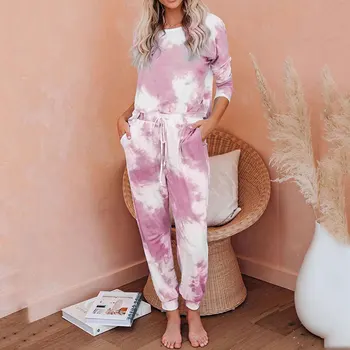 

2020 Autumn Winter Loungewear Women Pyjama Set Tie-dye Home Wear Lounge Set Homewear Women Long Sleeve Lounge Wear Sleepwear