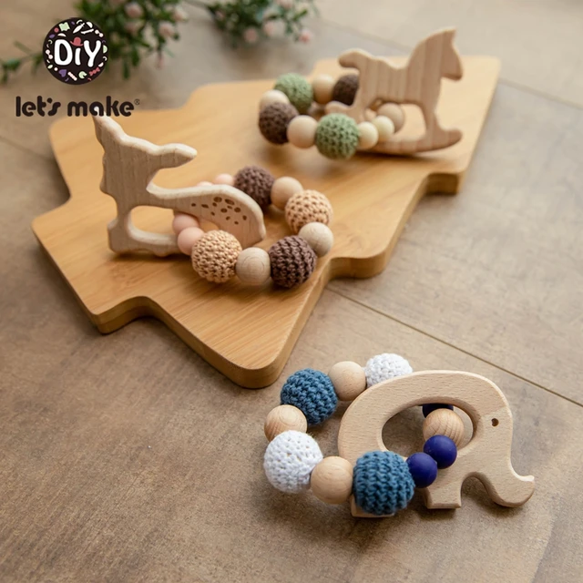 Let's Make 1PC Wooden Teether Hedgehog Crochet Beads Wood Crafts Ring Engraved Bead Baby Teether Wooden Toys For Baby Rattle 6