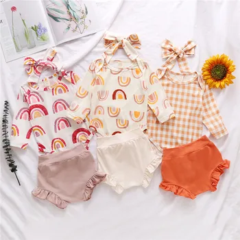 

Baby Girl Clothing Sets Rainbow Plaid Bodysuit + Ruffled Shorts + Headband 0-24M Infant Toddler Autumn Casual Cotton Outfit