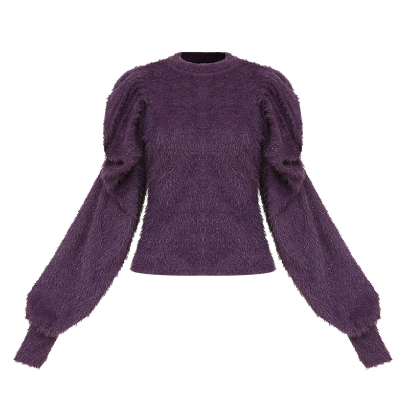 PERHAPS U Women Purple Black Sweater Faux Mohair Pullovers Puff Sleeve Long Casual Winter M0355 | Женская одежда