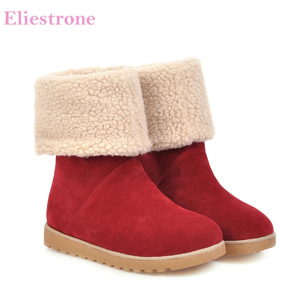 

2019 Winter Brand New Warm Flock Red Yellow Women Ankle Snow Boots Folding Round Toe Lady Nude Shoes LC198 Plus Big Size 10 43