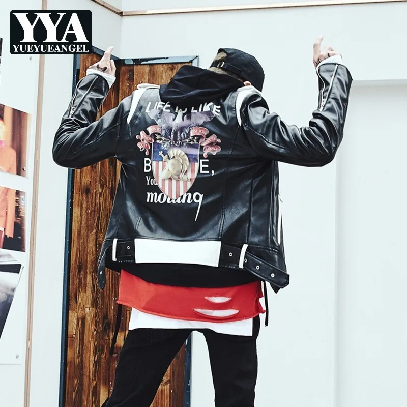 

High Quality Mens Casual Hip Hop Pu Leather Jacket Gothic Printed Streetwear Coat Motorcycle Biker Jackets Faux Leather Coats