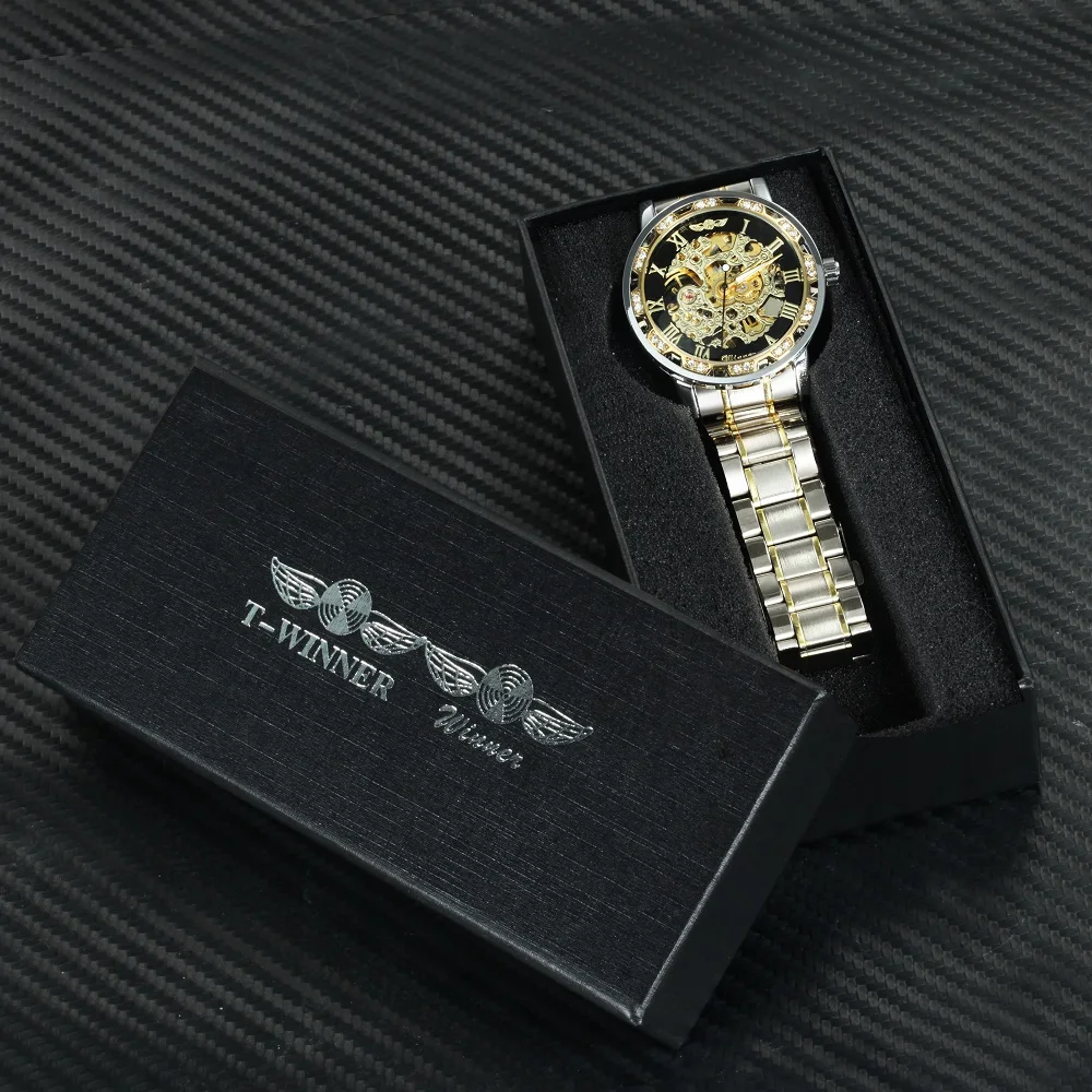 WINNER Skeleton Mechanical Watch Men Crystal Iced Out Golden Dial Brand Luxury Man Watch Steel Strap Business Wristwatch