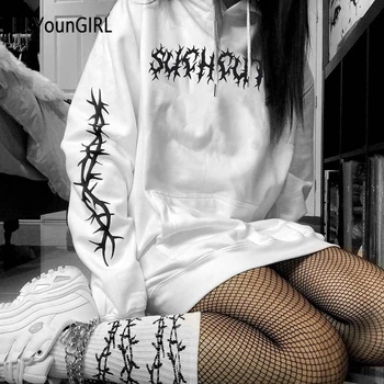 

New Sexy Thorns Printed Casual Loose Oversized Hoodie White Harajuku Sweatshirt Women Long Sleeve Pullovers Autumn Streetwear