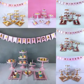 

7 pcs mirror pink cake stand set metal round crystal cupcake rack for wedding exhibion dessert table tray party centerpiece