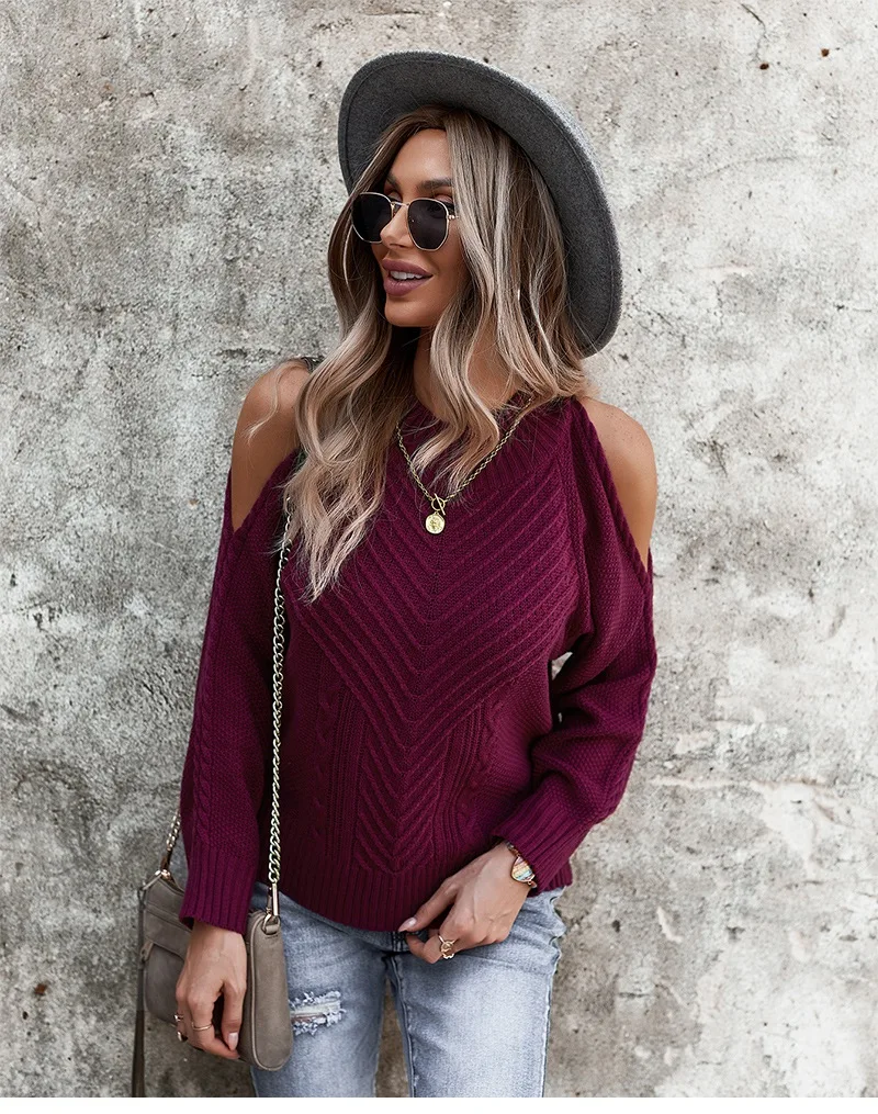 Autumn Winter Solid Color Off Shoulder Pullover Sweater Women 2021 New Long Sleeved Thick Stitch Knitted Tops All Match Jumpers