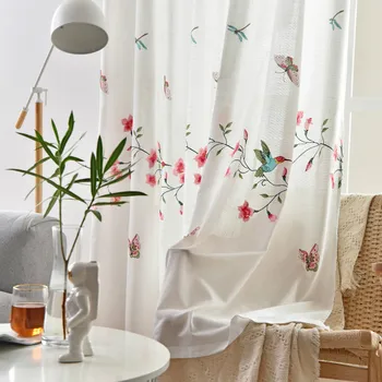 

RZCortinas Window Curtain Living Room Linen Curtains With Flower Birds Curtains For Leaves Drapes Bedroom Pastoral Embroidered