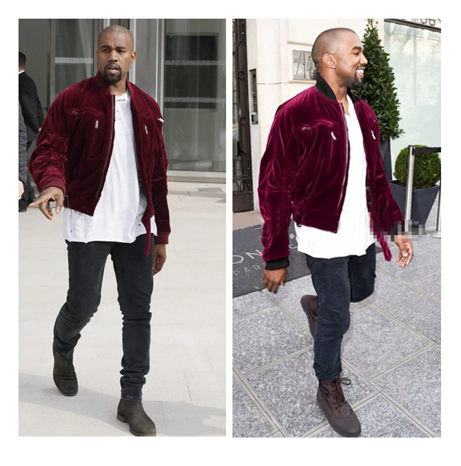 Мужская бархатная бейсбольная куртка ma1kanye West, хип-хоп, с заниженным плечом, толстые велюровые куртки, мужские красные, винные/черные локоть, плиссированные рукава