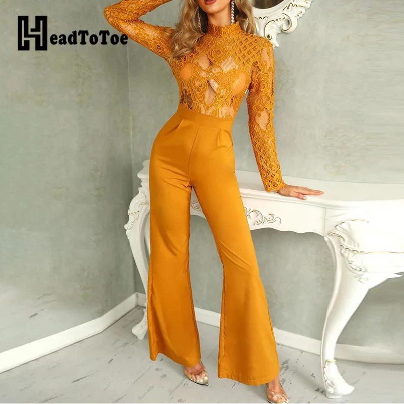 

Sexy Women Hallow Out Lace Bodice Insert Bell-Bottom Jumpsuits Ladies Long Sleeve Mock Neck One Piece Overalls Jumpsuits