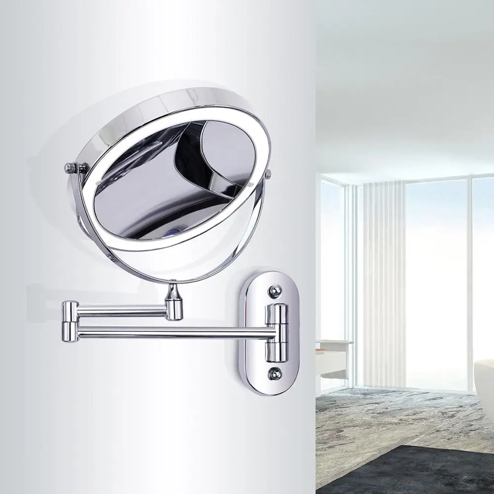 

8 inch Bedroom or Bathroom Wall Mounted Makeup Mirror, 1X &10X Magnifying Double Mirror, Touch Button Adjustable LED Light