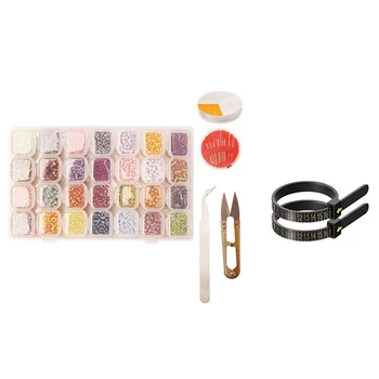 

1 Set Glass Stripe Seed Bead Set Striped Foal Loose Beads Set & 1 Set Ring Size Tool Kit Finger Size Measuring Tool