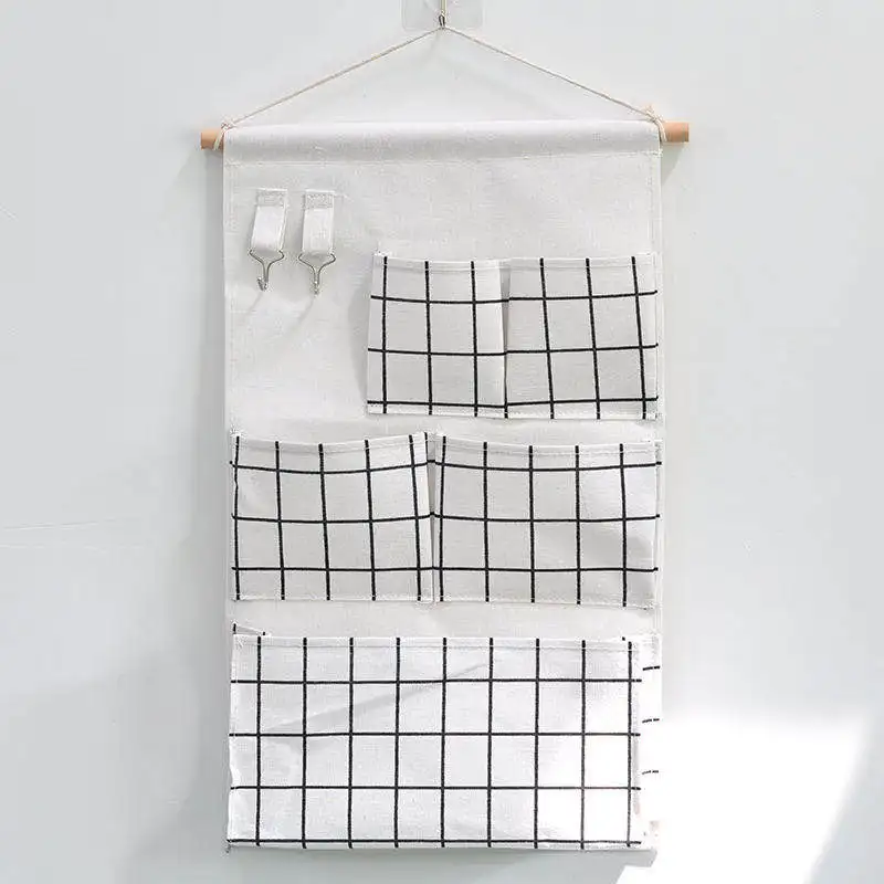 5 Pockets Cotton Linen Fabric Wall Door Hanging Bag Organizer Storage Pouches Wardrobe Closet Storage Bag Sundries Pouches