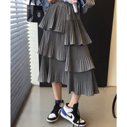 Black Long Skirts Womens Ruffles Skirt Casual 2022 Spring Summer High Waisted Asymmetrical High Low Ruched Gothic Skirts rok