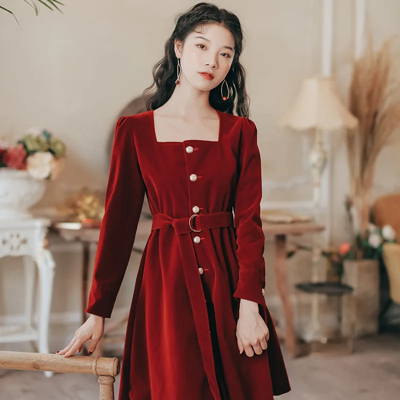 Velour Women A-line MINI Dress Soild Spring Autumn High Waist Single-breasted Belt Femme Mini Dresses Party Long Sleeve Clothes