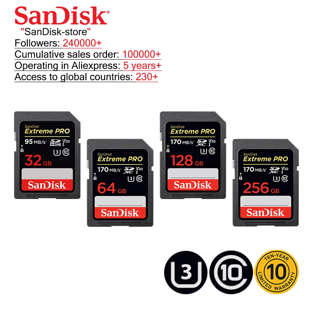Карта памяти SanDisk Extreme Pro SDHC/SDXC SD карты 32 Гб 64 128 ГБ 256 C10 U3 V30 UHS-I cartao de для Камера |
