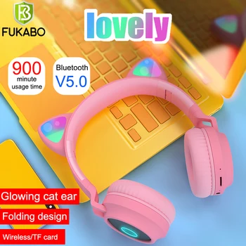 

Lovely glowing cat ears True Wireless Headphones 9D Stereo Game Bluetooth Headset Foldable With Microphone FM TF Card Earphone