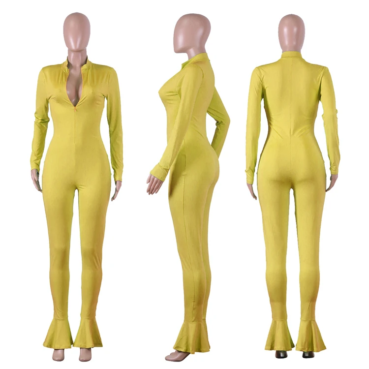 A110548 cheap apparel solid color zipper long sleeve ruffle feet hem Jumpsuit Clothing Woman Clothes