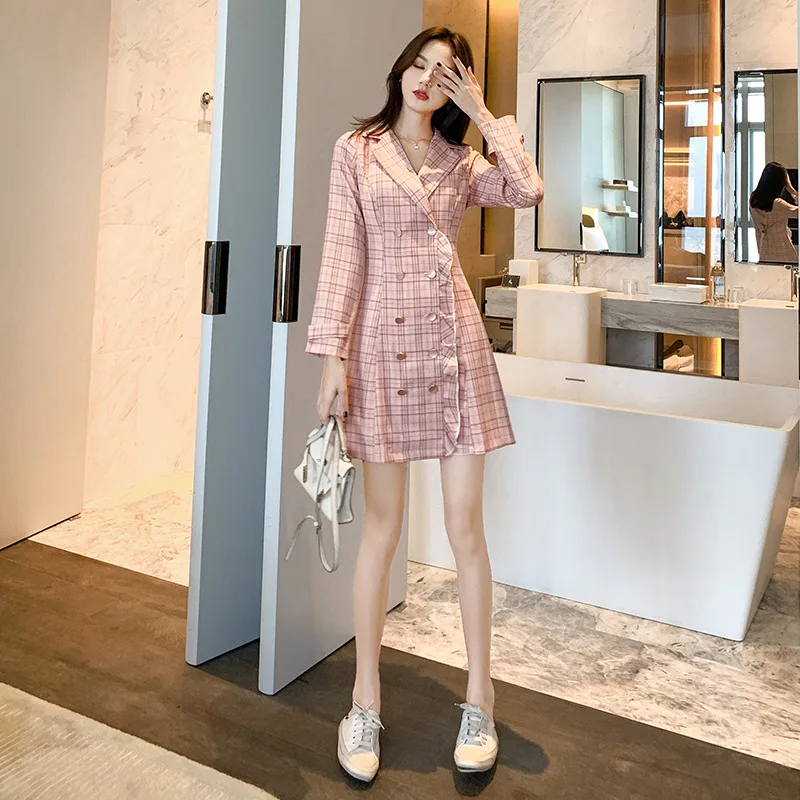 

2019 Autumn And Winter New Style Korean-style Fashion Network Red Plaid Mid-length Double Breasted Slim Fit Suit Dress