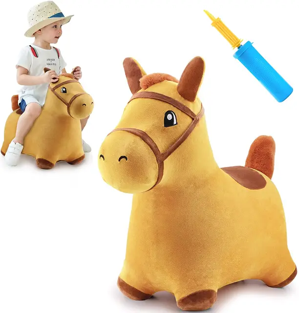 iPlay iLearn Kids Ride on Bouncy Play Toy Yellow Hopping Horse Plush Inflatable Hopper Christmas Gift for Boy Girl 1