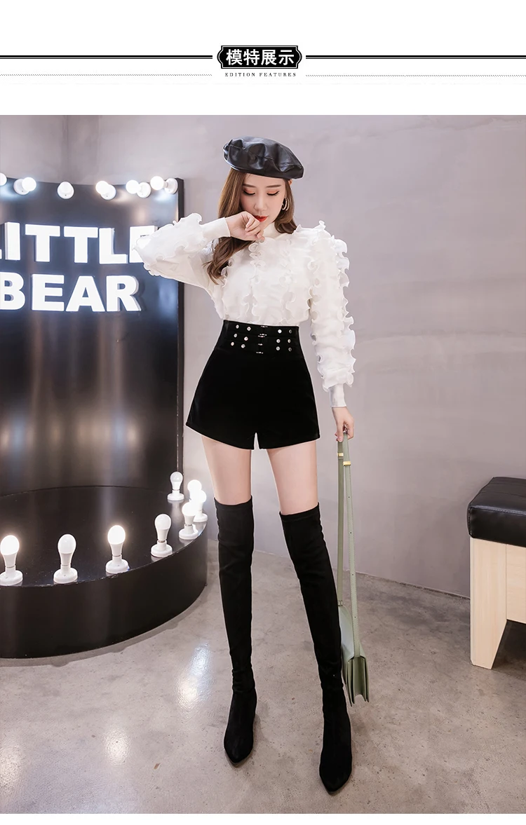 Korean Velvet Zipper Rivet High Waist Shorts Women New Autumn Winter With Fleece Hot Short Feminino Black Clothing B9N207