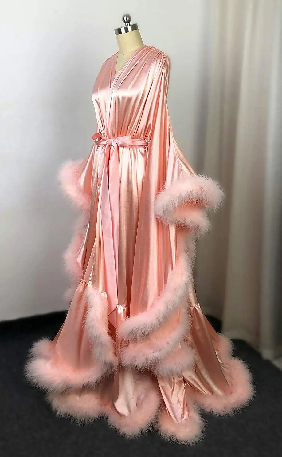 Seide Hochzeit Bademantel frauen Feder Bad Kleid Mit Taste Lange Ärmeln Braut Robe Hochzeit Nachthemd – Detail 4