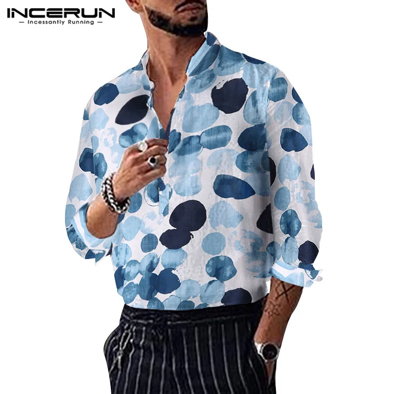 INCERUN осень мужская хлопковая рубашка с длинными рукавами и принтом в горошек Повседневное рубашка в стиле ретро уличная в гавайском стиле брендовые укороченные топы Для мужчин