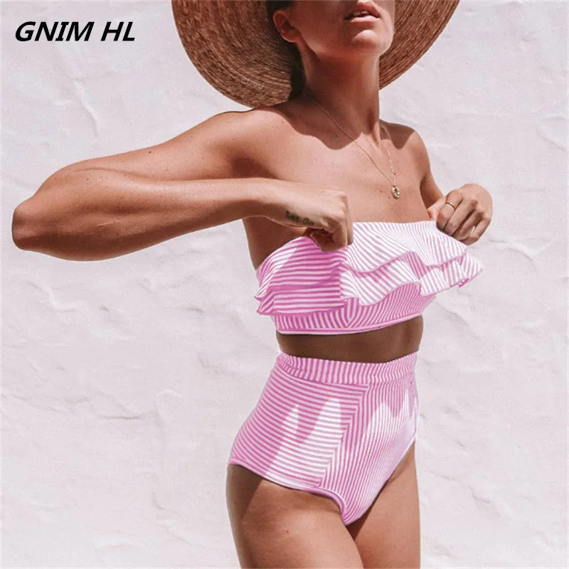 

GNIM High Waist Stripe Bikini Swimwear Women Ruffle Swimsuit Bikini Set Brazilian 2019 New Summer Beachwear Bathing Suit Biquini