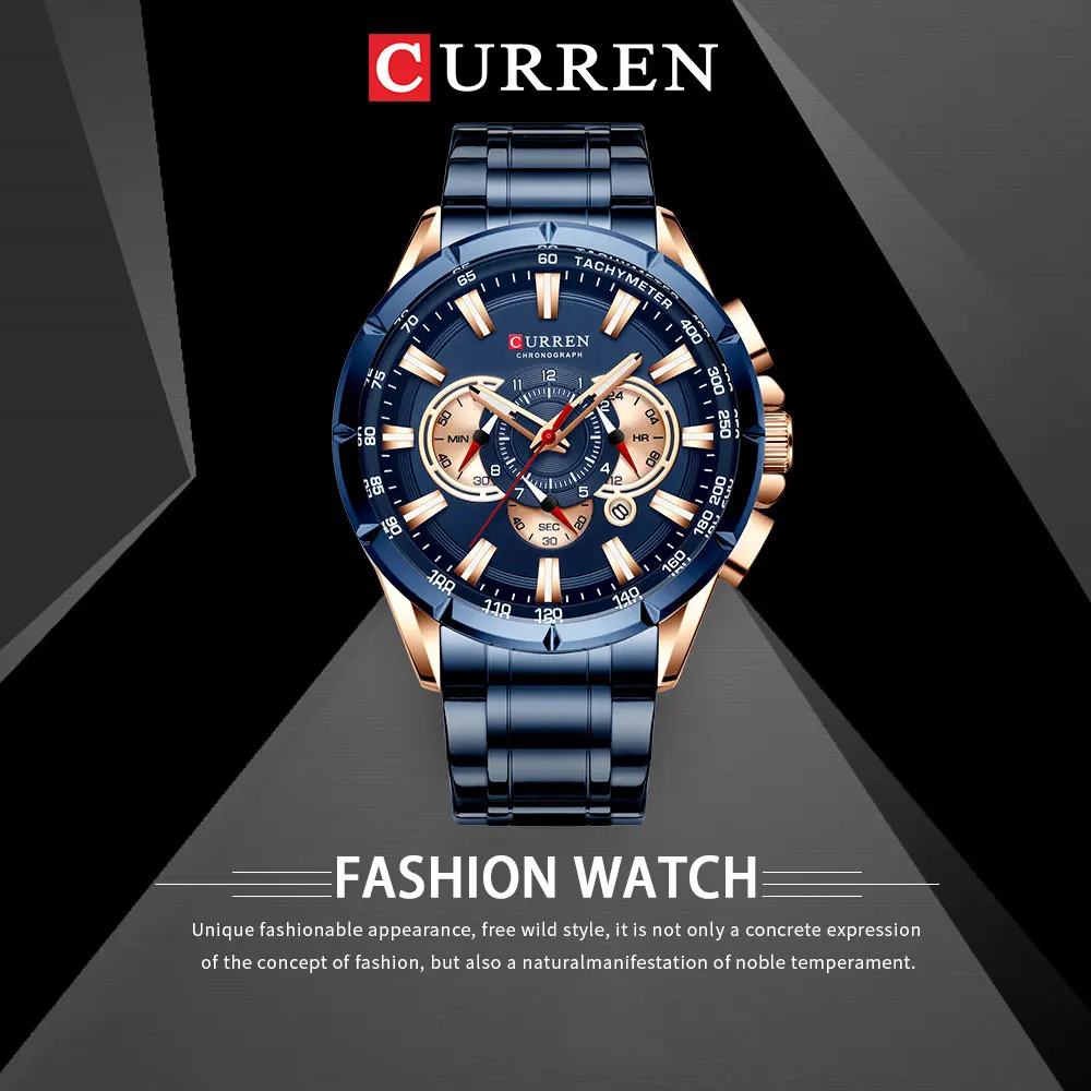 CURREN-Casual Masculino Esporte Relógios Cronógrafo, Aço Inoxidável