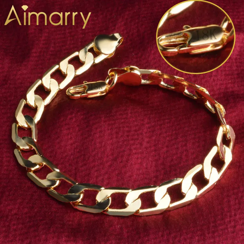 Aimarry 925 стерлингового серебра 18K золота 8 мм с плоским носком боком браслет цепочка