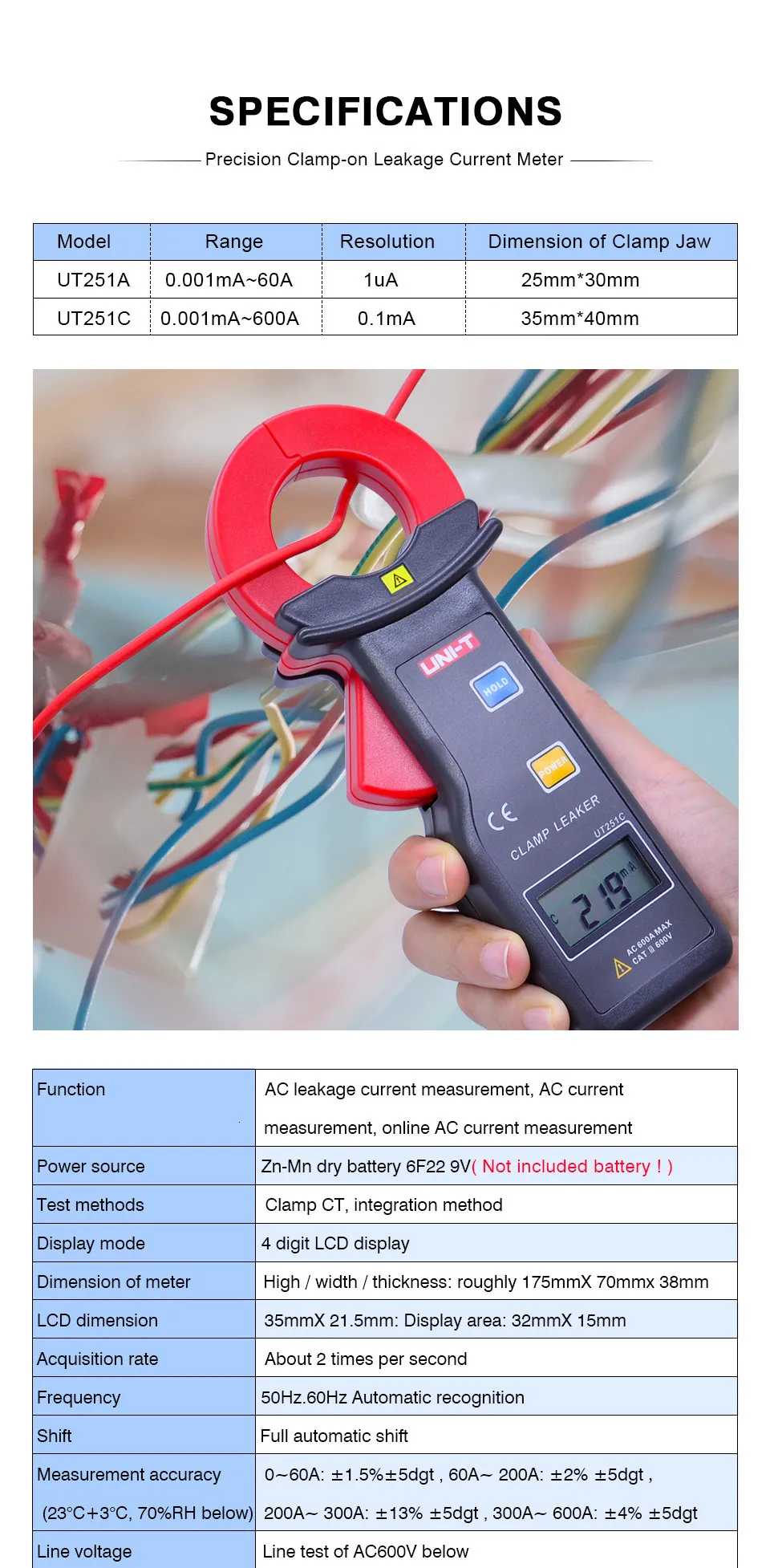 Токовые клещи утечки UNI-T UT251A UT251C Автоматический диапазон Высокая чувствительность ток утечки тестер ЖК-дисплей/хранение данных