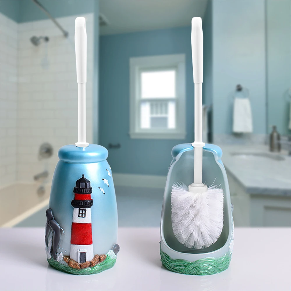 

Sea Lighthouse Toilet Brushes Long Handle Resin Base Cleaning Brush Holder Set Home Hotel WC Bathroom Fixtures Sculpture Painted