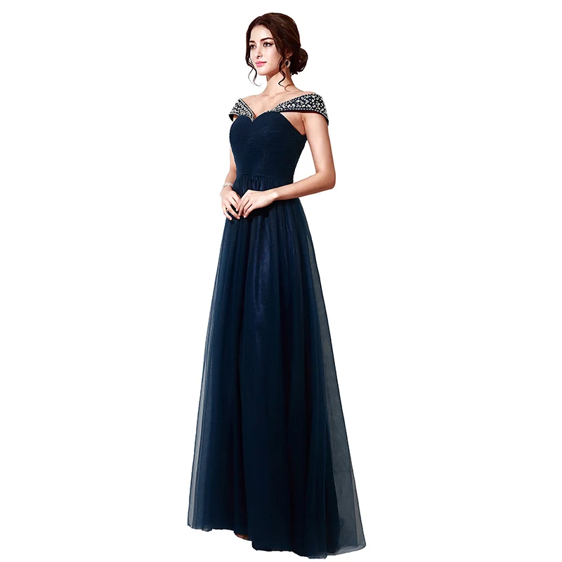 Модные тюлевые вечерние платья темно-синего цвета с бисером vestido de festa longo элегантные трапециевидные длиной до пола Дешевое платье для выпускного SD204
