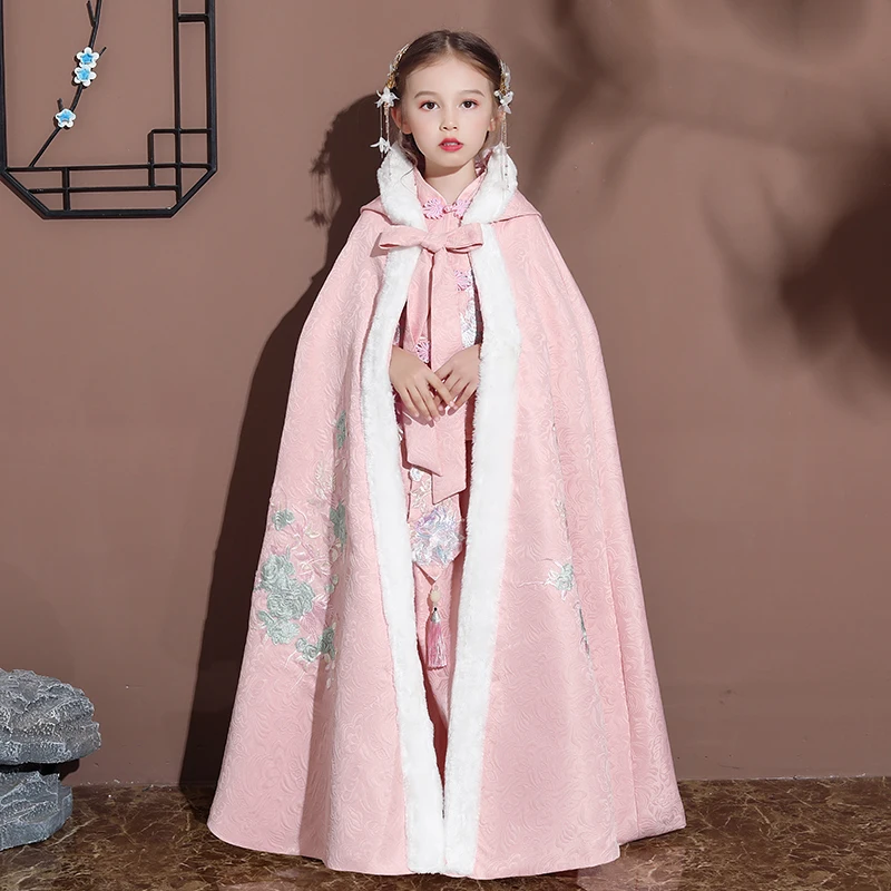 Розовая накидка Hanfu для девочек, зимний длинный плащ с вышивкой, детская Мантия в китайском стиле, детская одежда на год, сохраняющая тепло