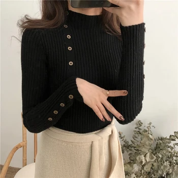 

Woman Sweaters Lady Turleneck long-sleeved Solid Color Pullovers Sweaters With Button Feminina Sweaters
