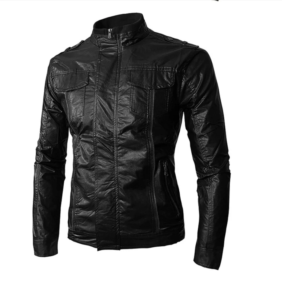 

2018 Autumn And Winter New Style Western Style Men's Stand Collar Locomotive Leather Coat Solid Color Men's Casual Jacket