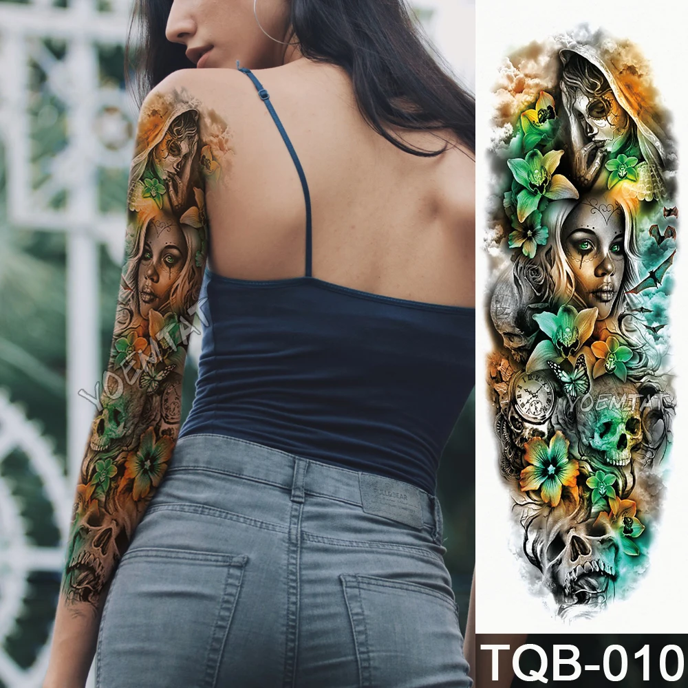 

New 1 Piece Temporary Tattoo Sticker Yellow green skull roses pattern Full Flower Tattoo with Arm Body Art Large Fake Tattoo