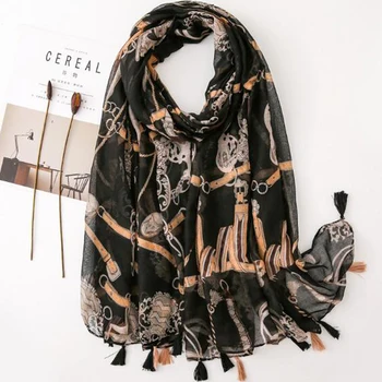 

Korean style scarf female spring summer ins cotton scarf black print fringed shawl female sunscreen Long Shawl Scarf For Women