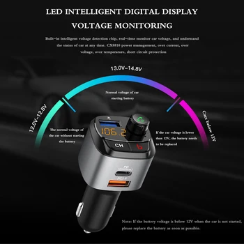 

Car Mp3 Player Bass Bluetooth 5.0 Fast Charging Type-C Car FM Transmitter With Memory Function Aluminum Alloy Black